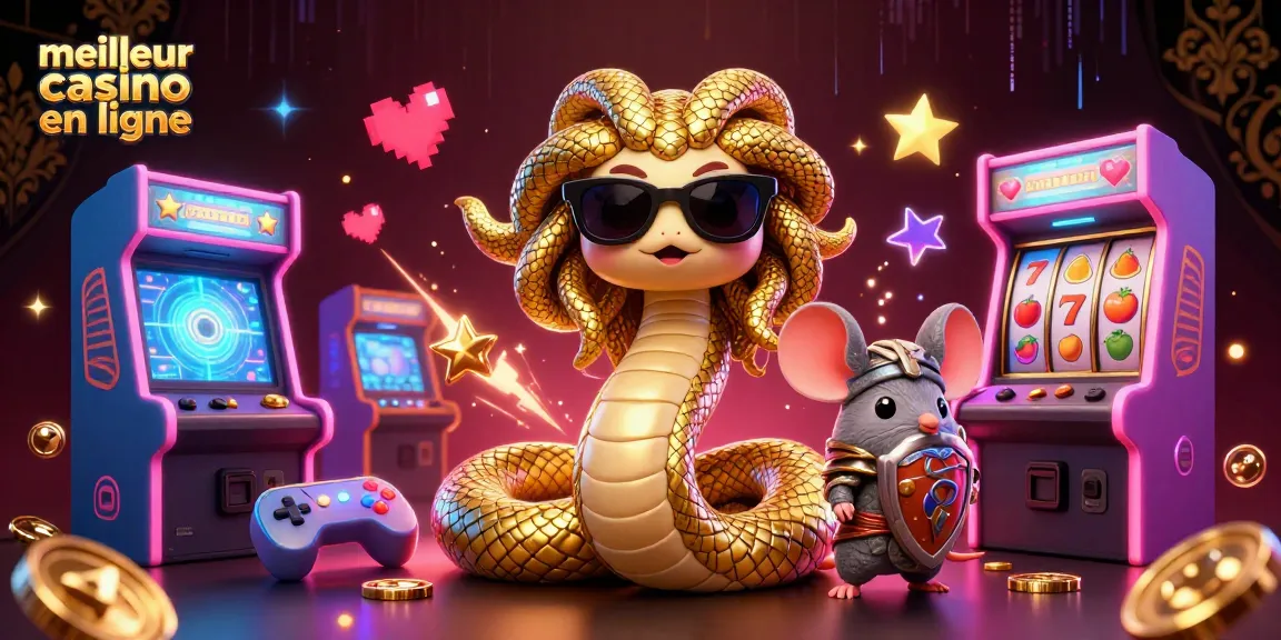 Jouez au meilleur casino en ligne avec Medusa et un guerrier souris dans une scène animée avec des machines à sous.