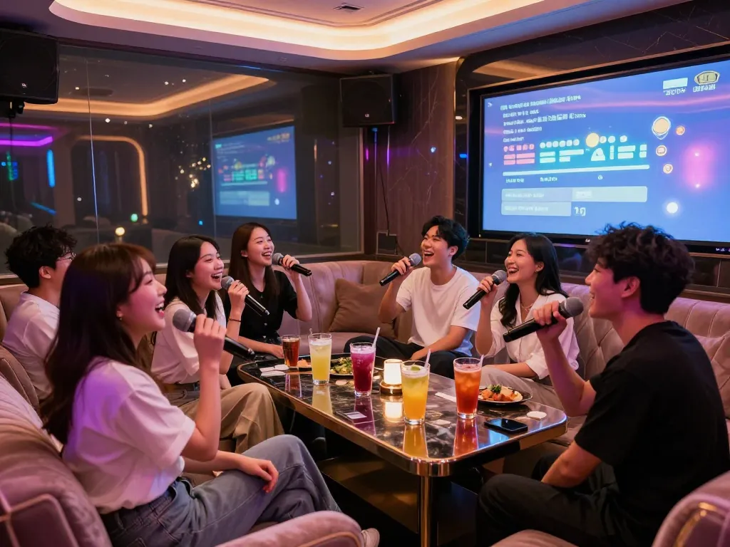Group enjoying private karaoke room at gangnamtune.com with vibrant ambiance and stylish drinks.