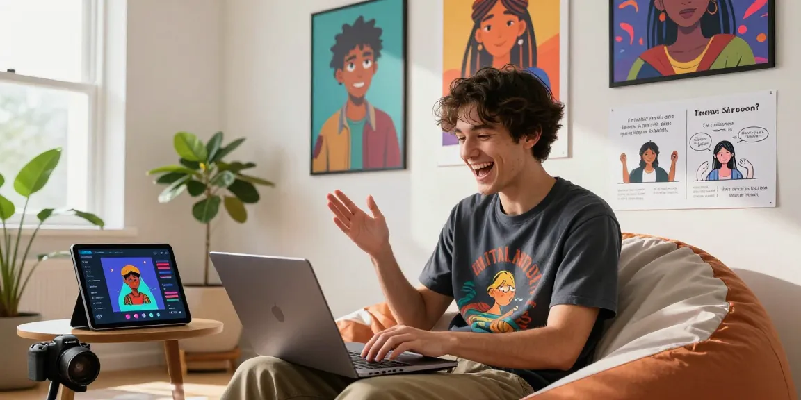 An engaging scene showcasing a user experiencing Tavern AI, surrounded by character designs and a vibrant workspace reflecting creativity and digital storytelling.