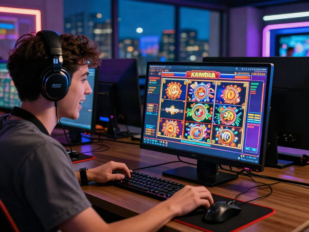Excited player engaging with slot server kamboja on a laptop in a vibrant gaming setup.