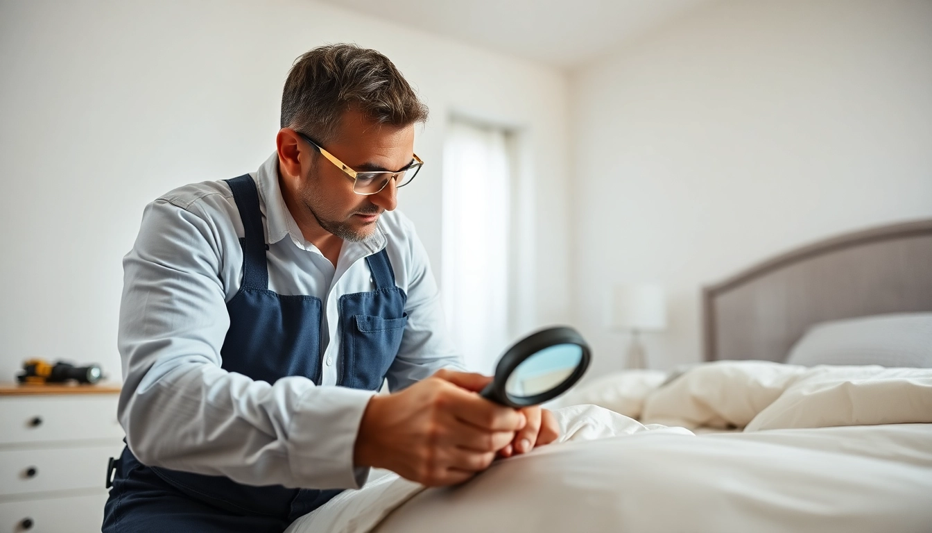 Assessing bed bug treatment cost with expert technician examining infested bedding.
