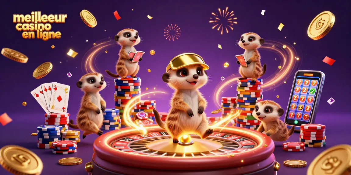 Meilleur casino en ligne avec des suricates gérant des jeux de cartes et des jetons colorés, ambiance festive