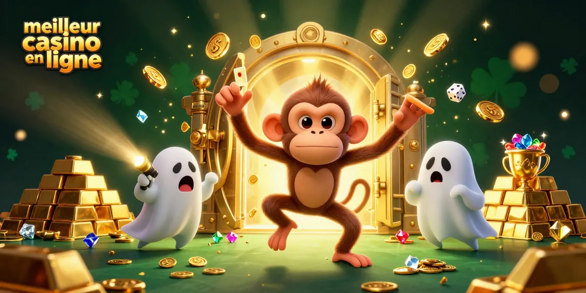 Vivez l'excitation du meilleur casino en ligne avec un singe poltergeist invisible jonglant des jetons d'or dans une scène animée.