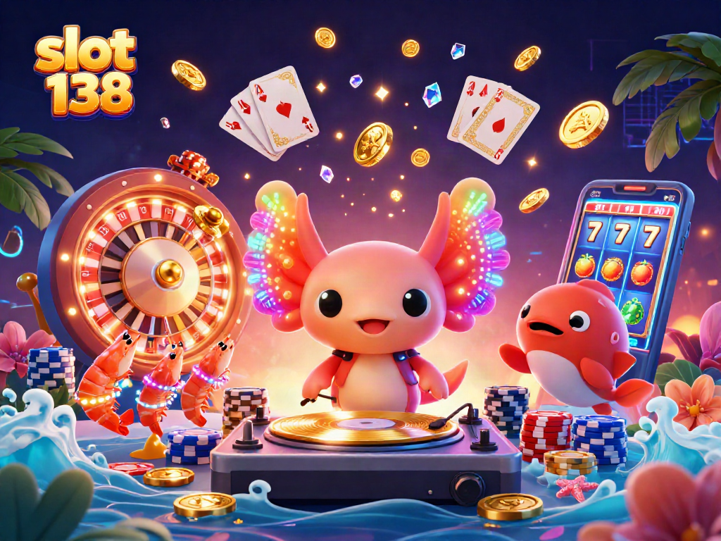 Experience the excitement of slot 138 with dynamic characters celebrating big wins in a vibrant casino scene.