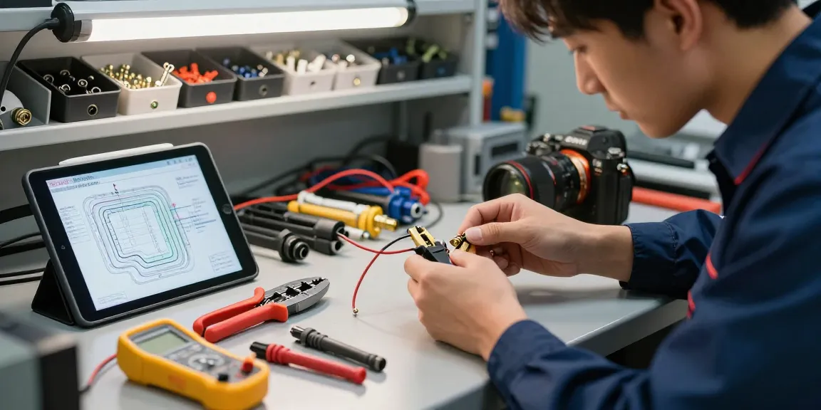 Automotive electrical connectors being inspected by a technician amidst tools and a wiring schematic.