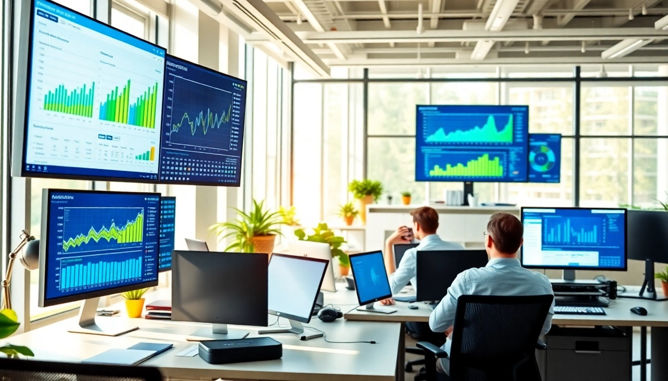 AI for competitor analysis tools visualized in a modern office with vibrant screens and real-time data.