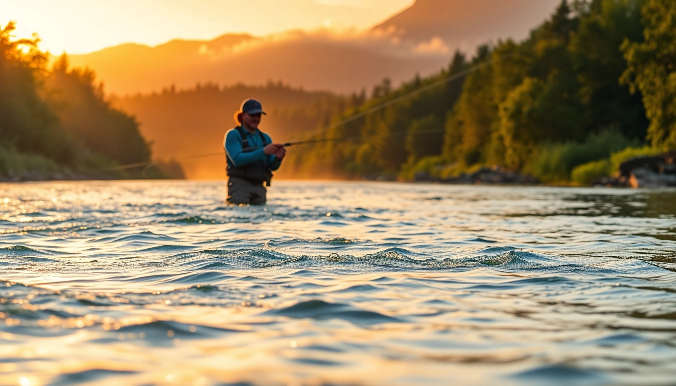 Angler demonstrates fly fishing tippet technique on a tranquil river at sunset.