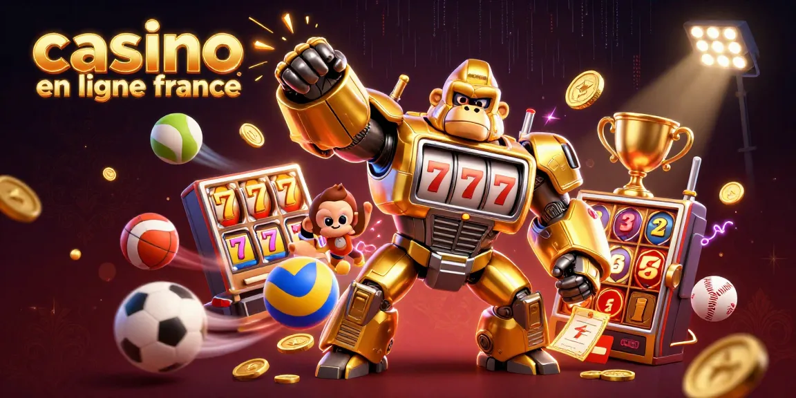 Illustration dynamique illustrant le casino en ligne France avec un gorille robot, des éléments de jeux et des effets lumineux
