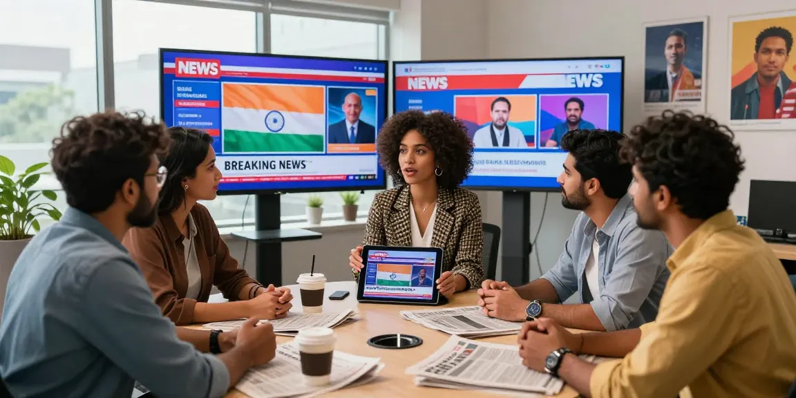 Engaging newsroom at https://www.theindaily.com with journalists sharing breaking news on modern devices, emphasizing culture and politics.