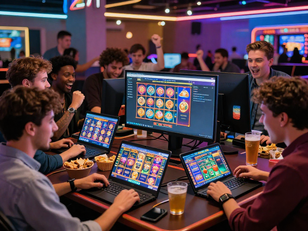 Exciting scene of friends enjoying eu casinos online with vibrant games and social interaction.