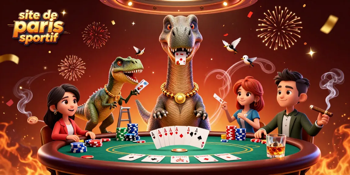Découvrez le site de paris sportif avec un brontosaure cartoon géant et des jeux de poker colorés.