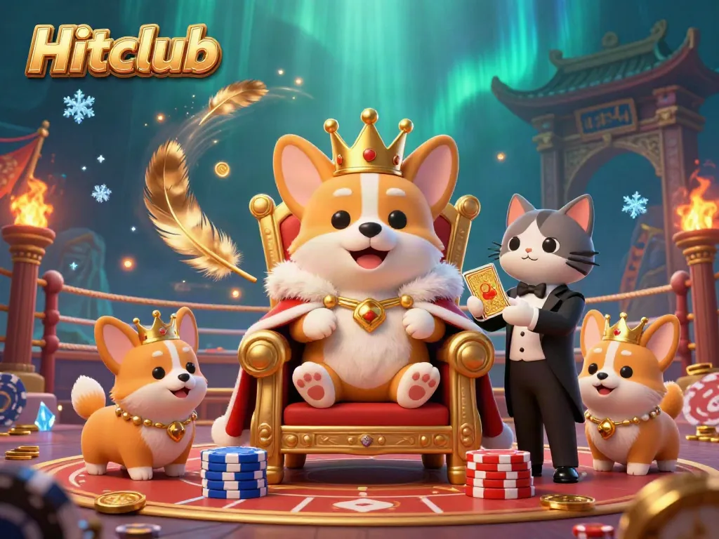 Experience the vibrant excitement of Hitclub with a royal corgi on a poker chip throne in this 3D casino illustration.