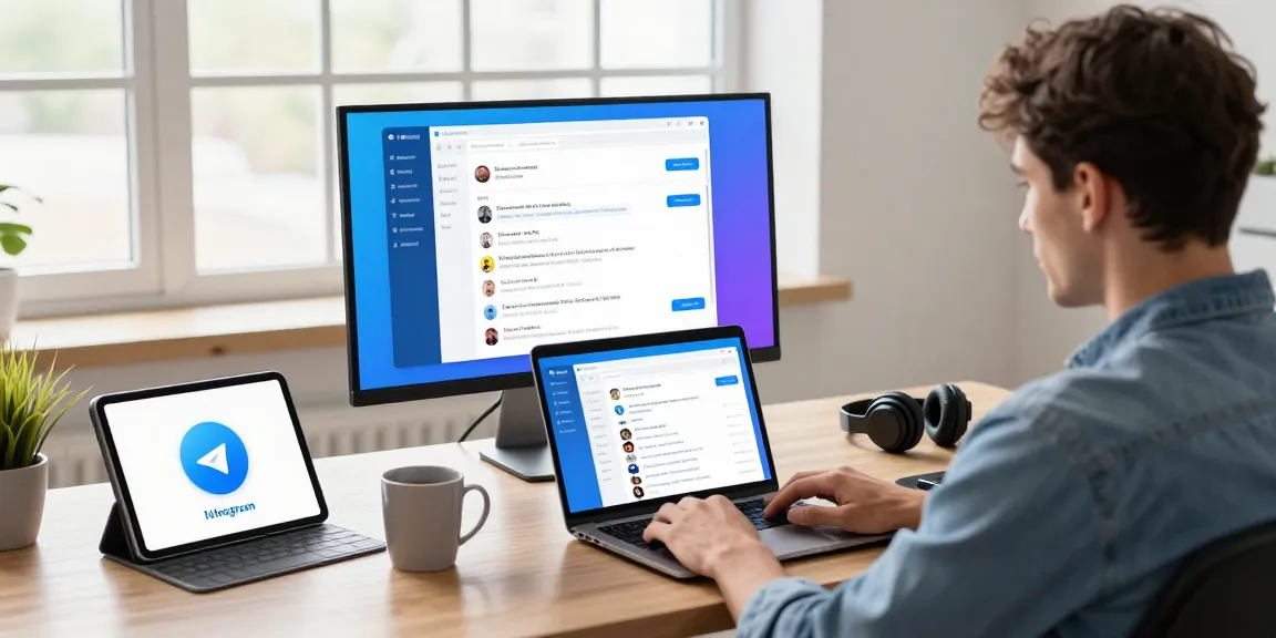 Explore the features of 纸飞机中文版 in a modern workspace showcasing Telegram's chat functionality and collaboration tools.
