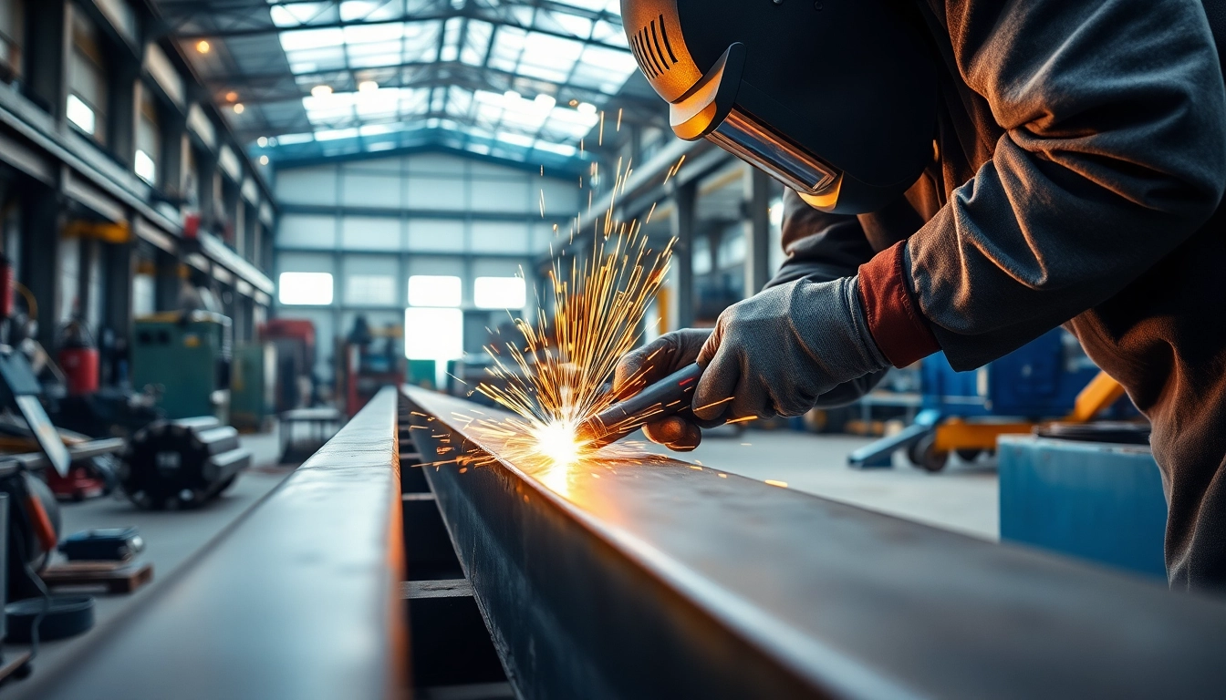 Welding structural steel in an industrial setting with sparks flying around for a dynamic effect.