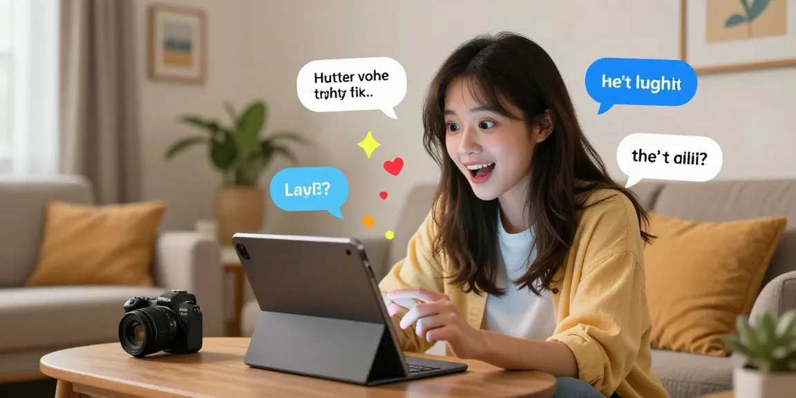 Interactive scene of character AI NSFW chat with a lively animated character on tablet, cozy living room ambiance.