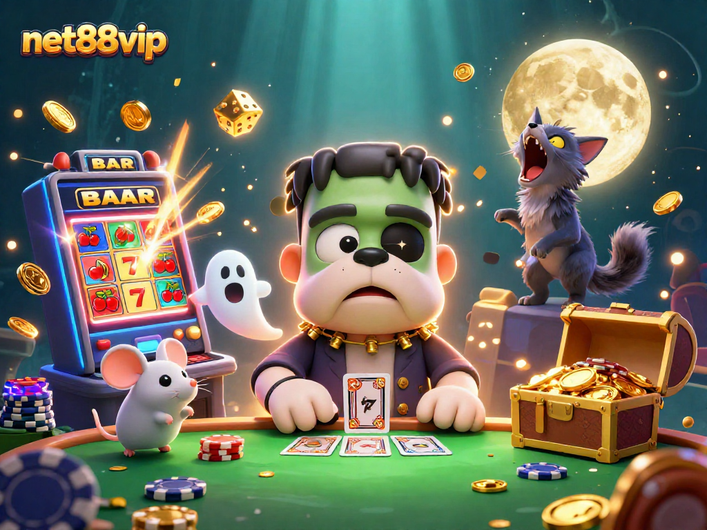 Win big at net88vip with a cartoon Frankenstein bulldog monster dealing cards amidst fantastic casino elements.