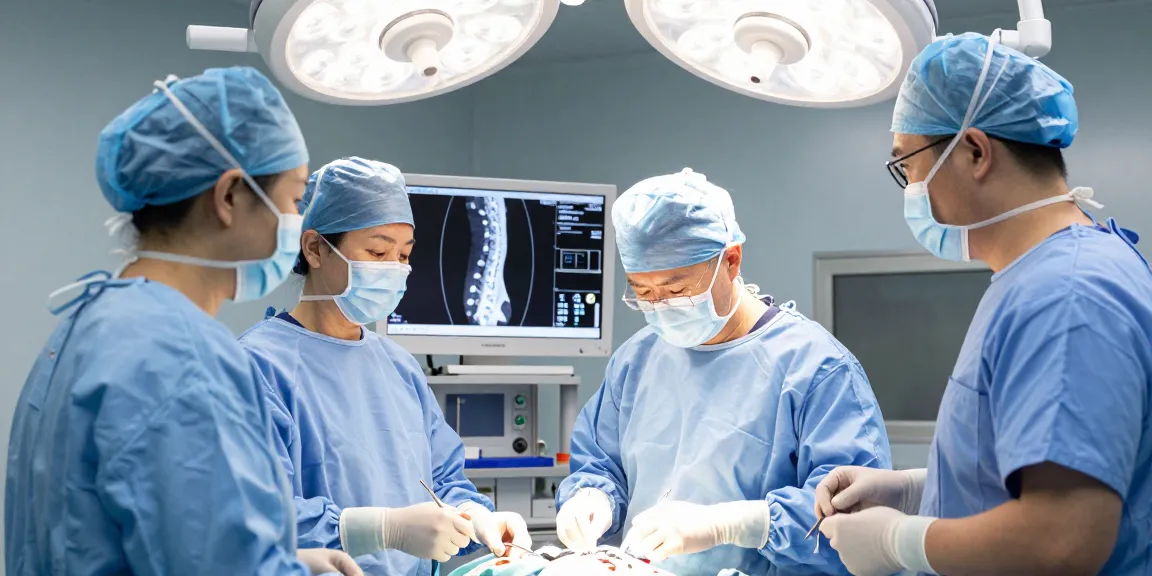 Bel kayması ameliyatı in a sterile operating room showcasing a surgical team at work.