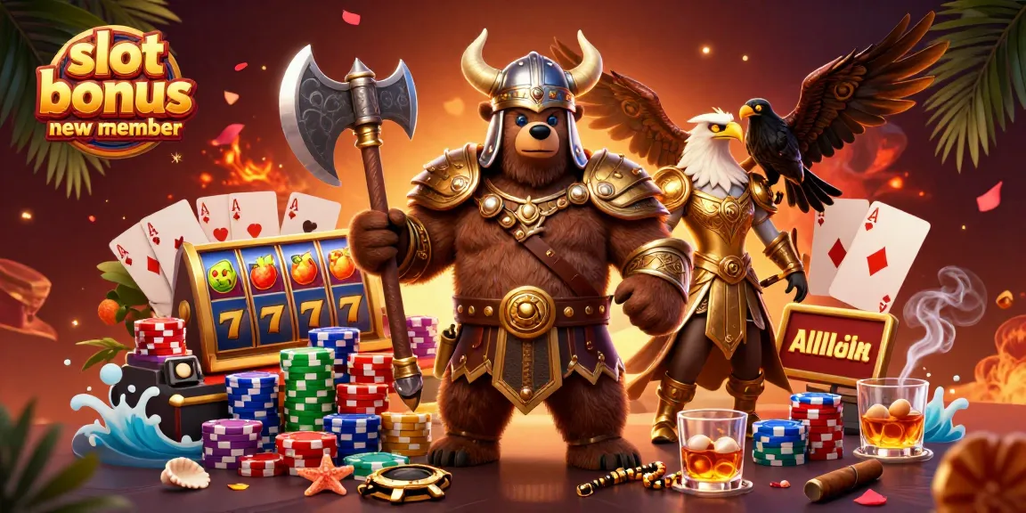 Experience the thrilling slot bonus new member with a Viking bear and Valkyrie eagle in this vibrant casino scene.