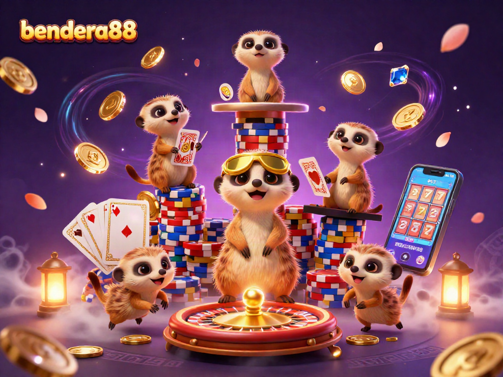 Meerkat cerdas menyusun strategi menang saat bermain bendera88 di kasino berwarna-warni yang ramai.