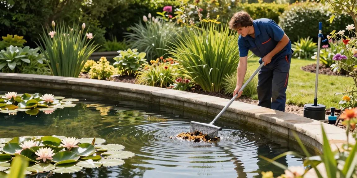 Pond Cleaning Sussex expert removing debris from a serene garden pond.