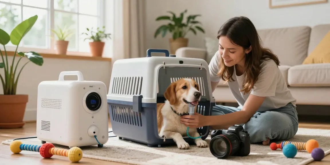 Owner preparing their pet for oxygen treatment in a transparent 寵物氧氣籠 at home, ensuring comfort and safety.