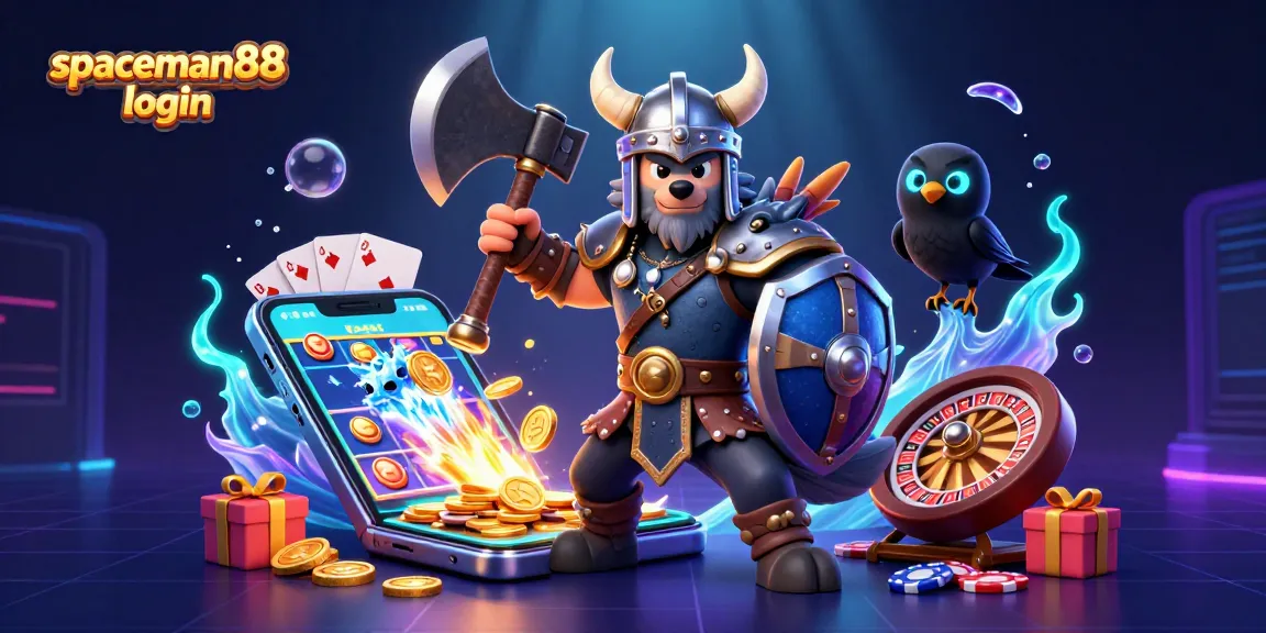 Engaging illustration of spaceman88 login with a Viking wolf, dragon, and gaming elements like a smartphone, slot game, and poker chips.
