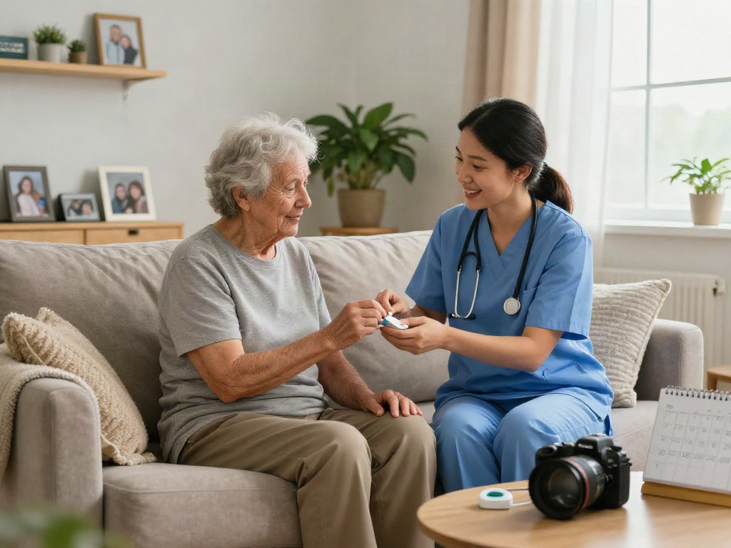 Caregiver assisting elderly member in warm home setting, illustrating bonus new member 100 benefits.