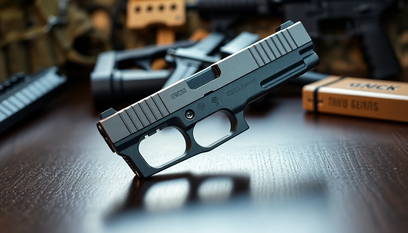 Showcase of a Glock 17 Gen 3 MOS OEM Slide on a dark table, emphasizing its features and metallic finish.