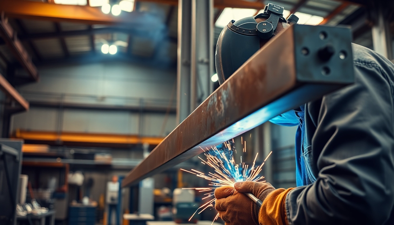 Welding process for structural steel welding with sparks and a focused welder in a workshop.