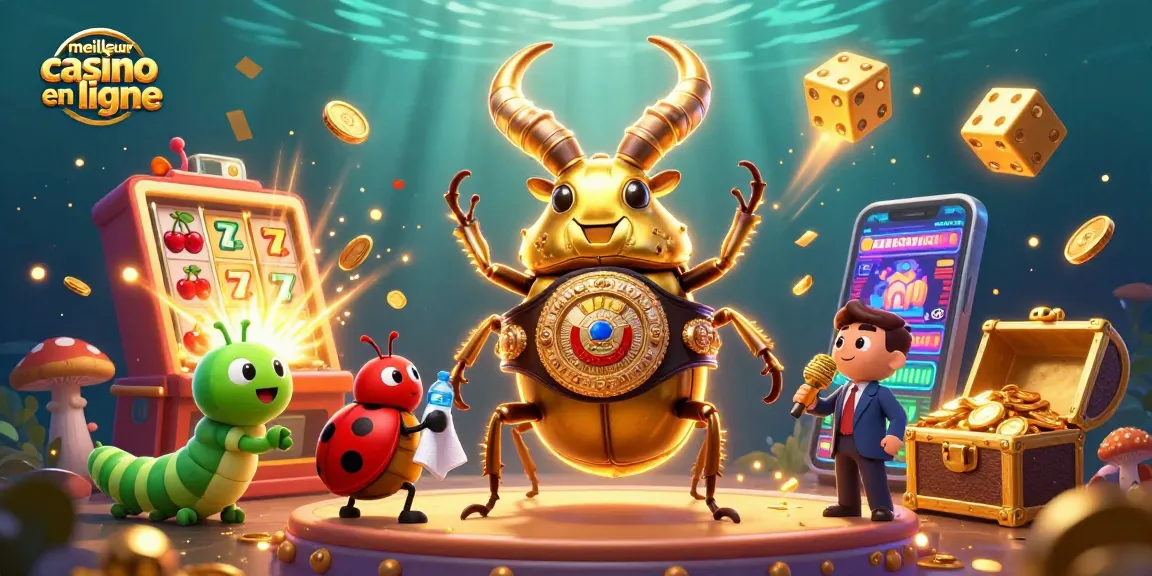 Vue animée d'un meilleur casino en ligne avec un scarabée géant et une machine à sous pleine de pièces.
