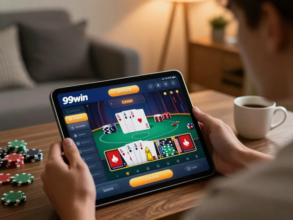 Player enjoying the 99win casino app on tablet in a cozy living room setting.