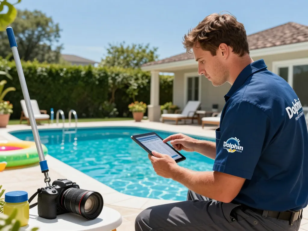Dolphin Pool Services technician inspecting pool equipment in a sunny backyard.