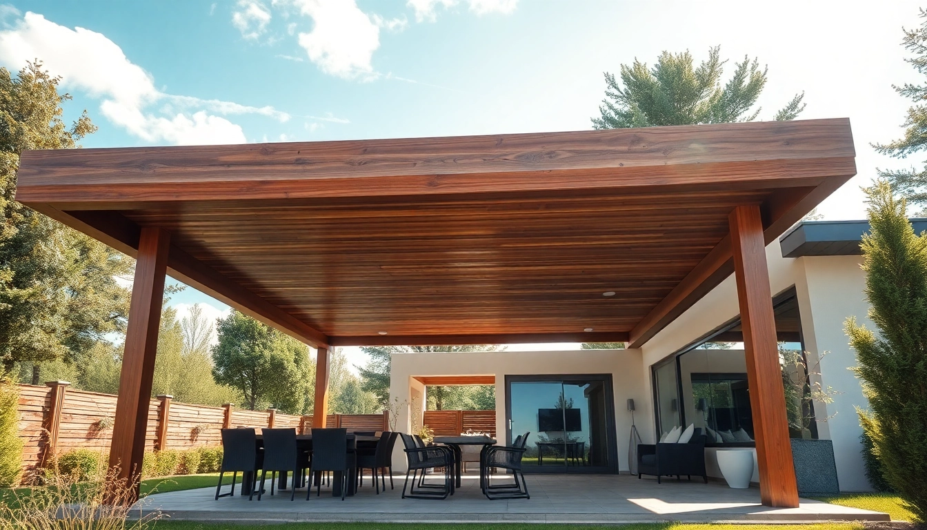 Terrassenueberdachung Ungarn in einem eleganten Garten mit modernem Design und schattigen Bereichen.
