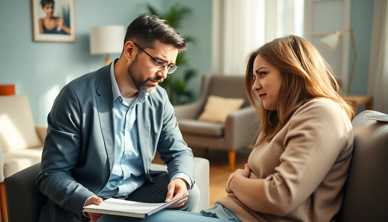Therapist helping a client recognize anxiety symptoms in a calming office setup.