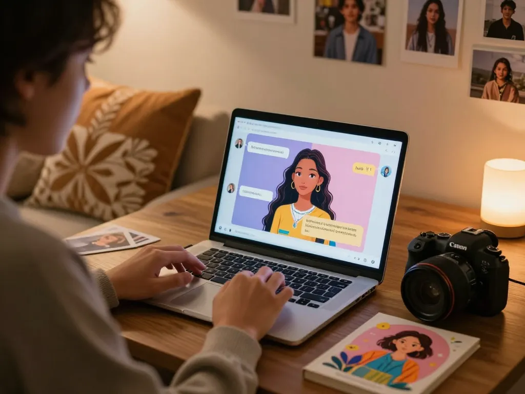 Engaging conversation with an AI girlfriend in a cozy home setting.