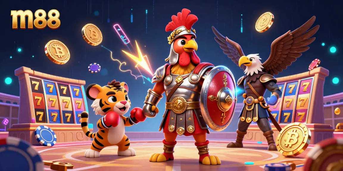 Experience exhilarating wins at m88 with a lively 3D cartoon scene featuring a gladiator rooster in a dazzling colosseum arena.