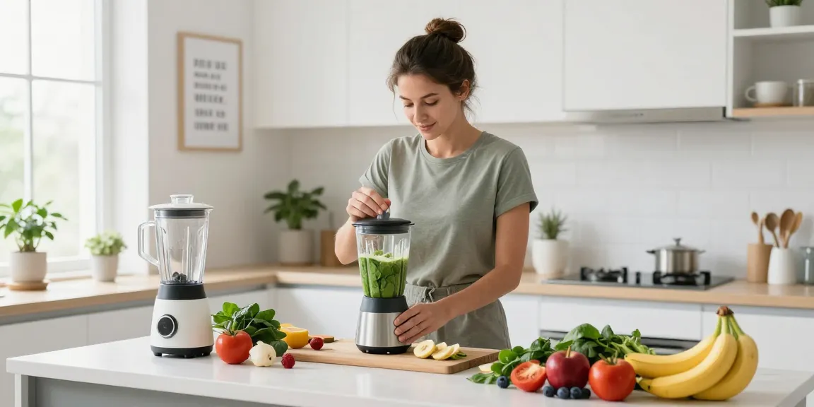 Healthy lifestyle with rokok88, preparing a nutritious smoothie in a bright kitchen.