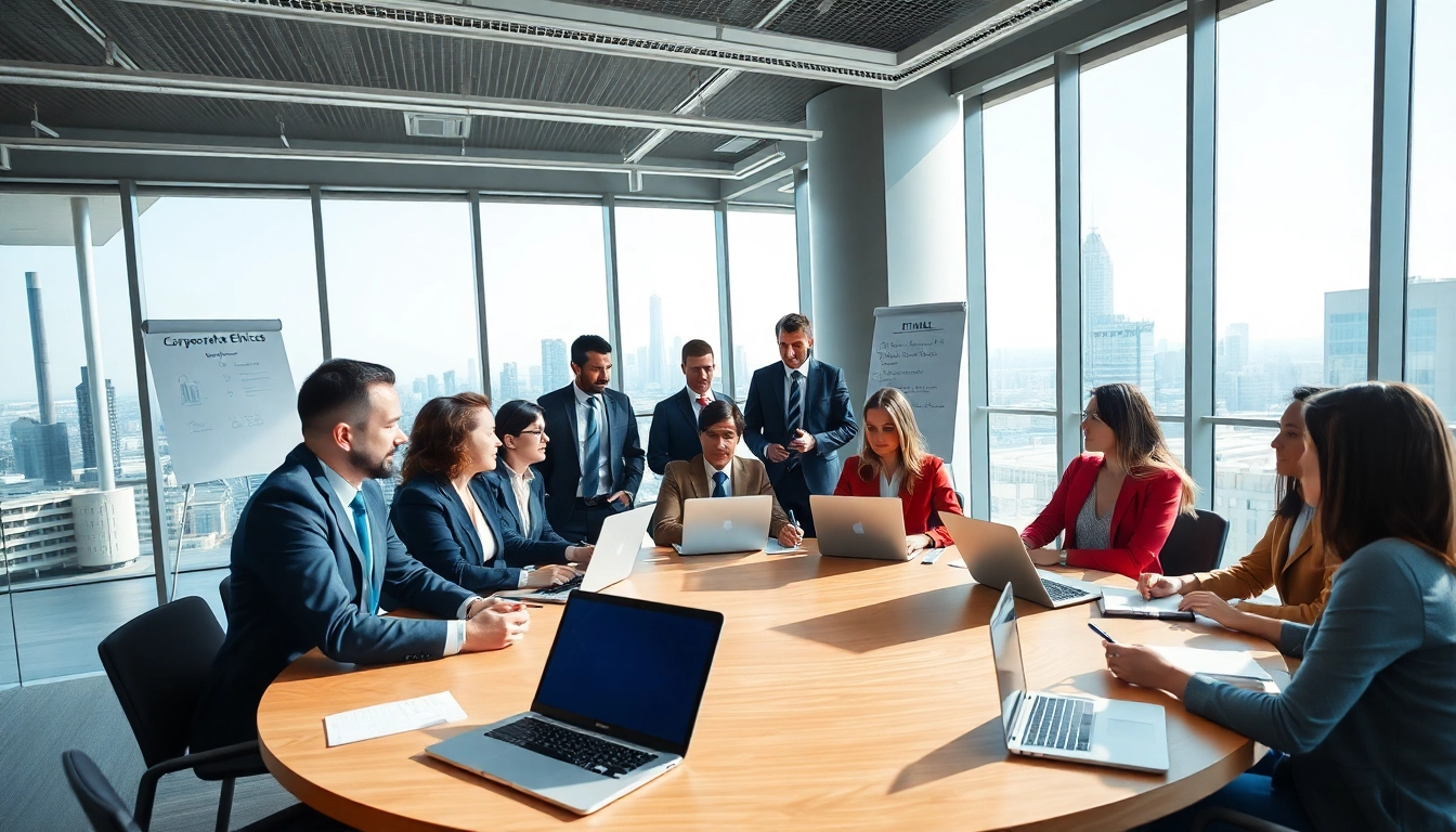 Engaging discussion on Corporate Ethics among diverse leaders in a modern office setting.