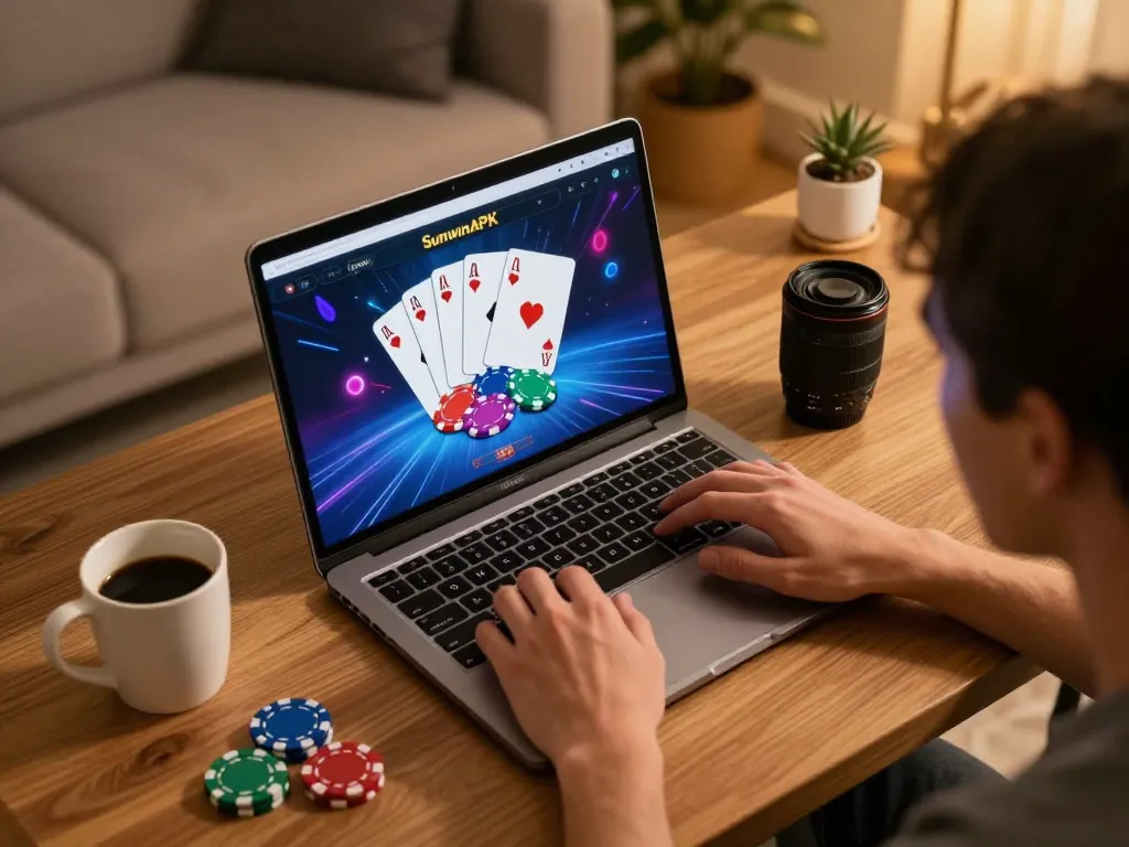 Engaged player navigating SunwinAPK on their laptop in a cozy home gaming setup.