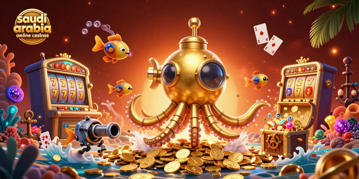 Engage with saudi arabia online casinos through vibrant 3D illustration of a kraken submarine amidst treasure and slots.