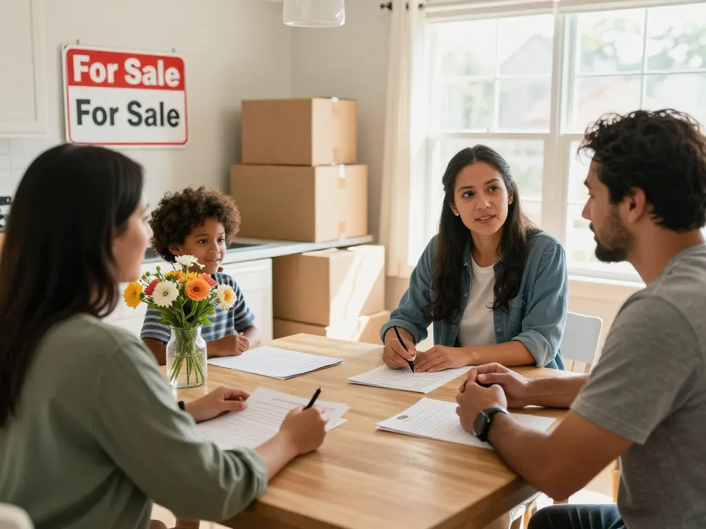 Sell my house fast for cash with a family preparing for a sale in a bright kitchen.