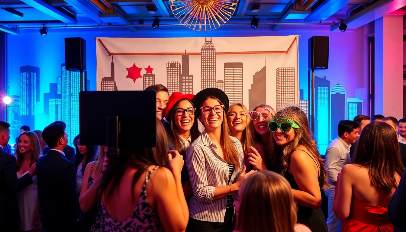 Engaged guests using a photo booth chicago at a lively event with vibrant atmosphere.