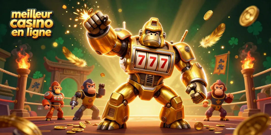 Vivez le meilleur casino en ligne avec cette illustration de gorille en or transformable et des éléments de jeu captivants.