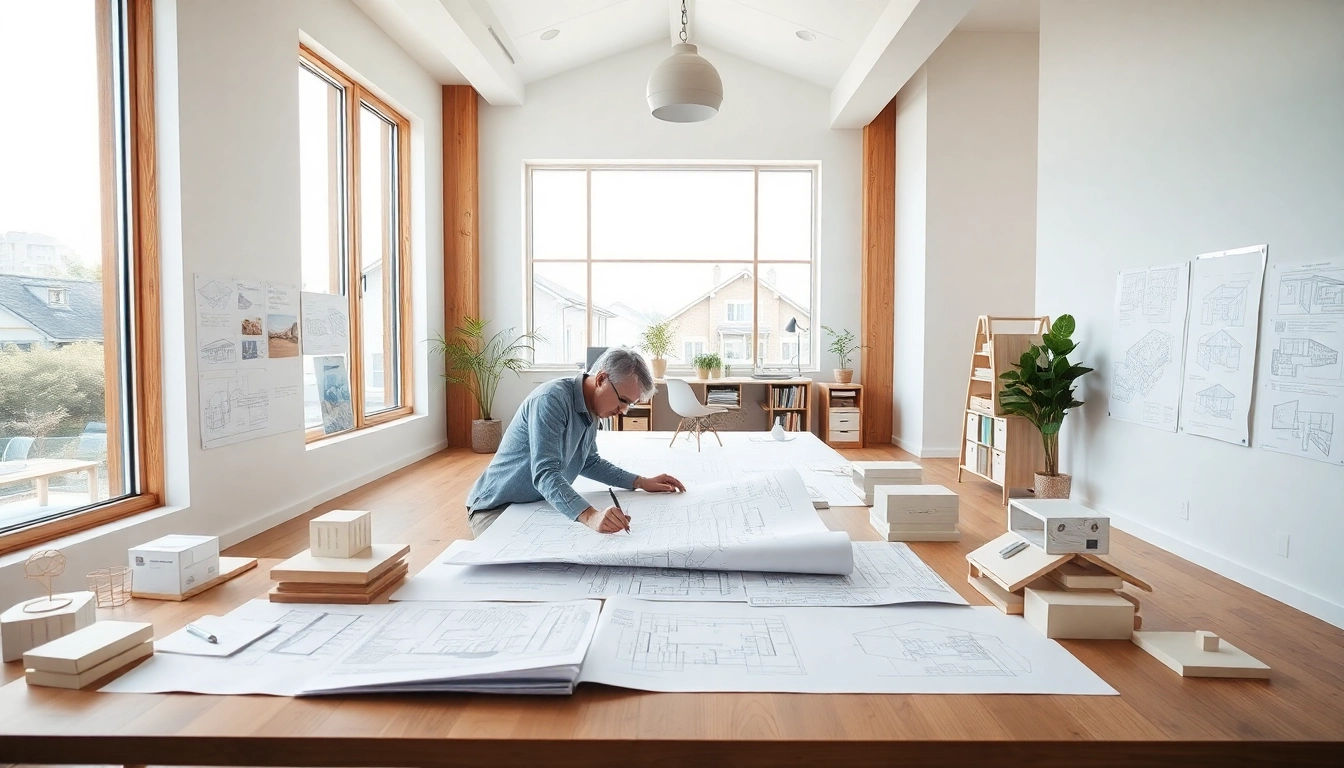 Residential architect reviewing designs in a bright studio filled with creative blueprints.