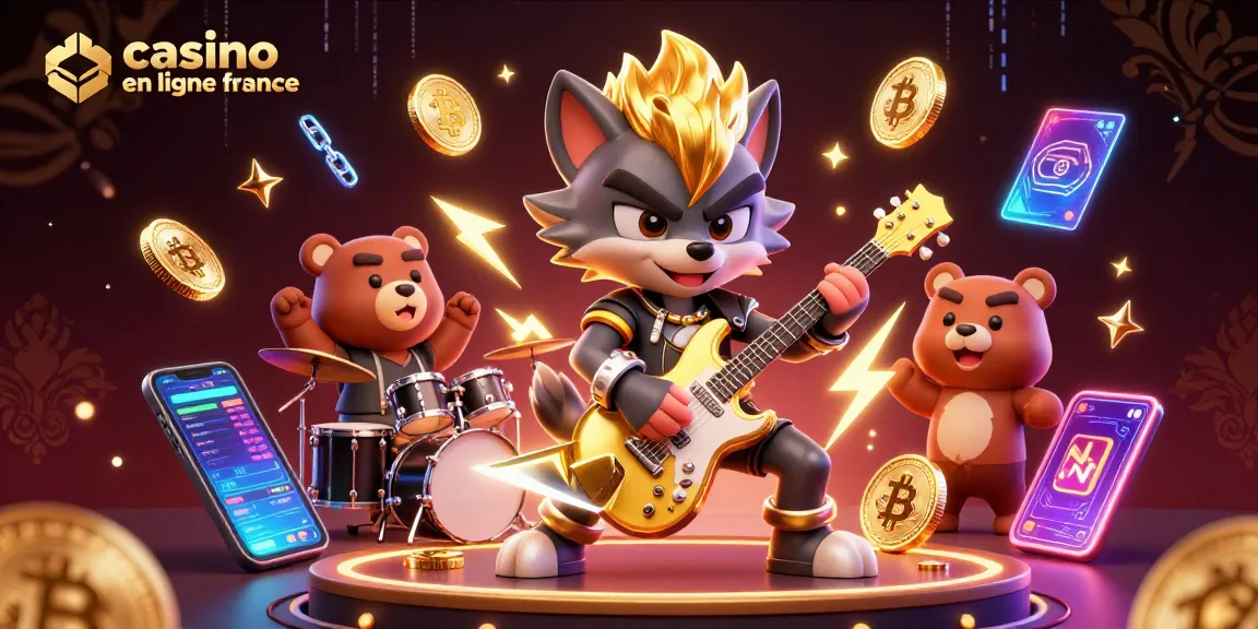 Vivez l'expérience du casino en ligne France avec un loup rock star et un ours batteur dans une scène dynamique.
