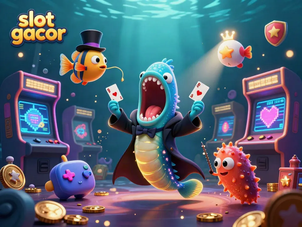 Bermain slot gacor dengan karakter unik dalam ilustrasi kasino yang penuh warna dan detail menarik di bawah laut.