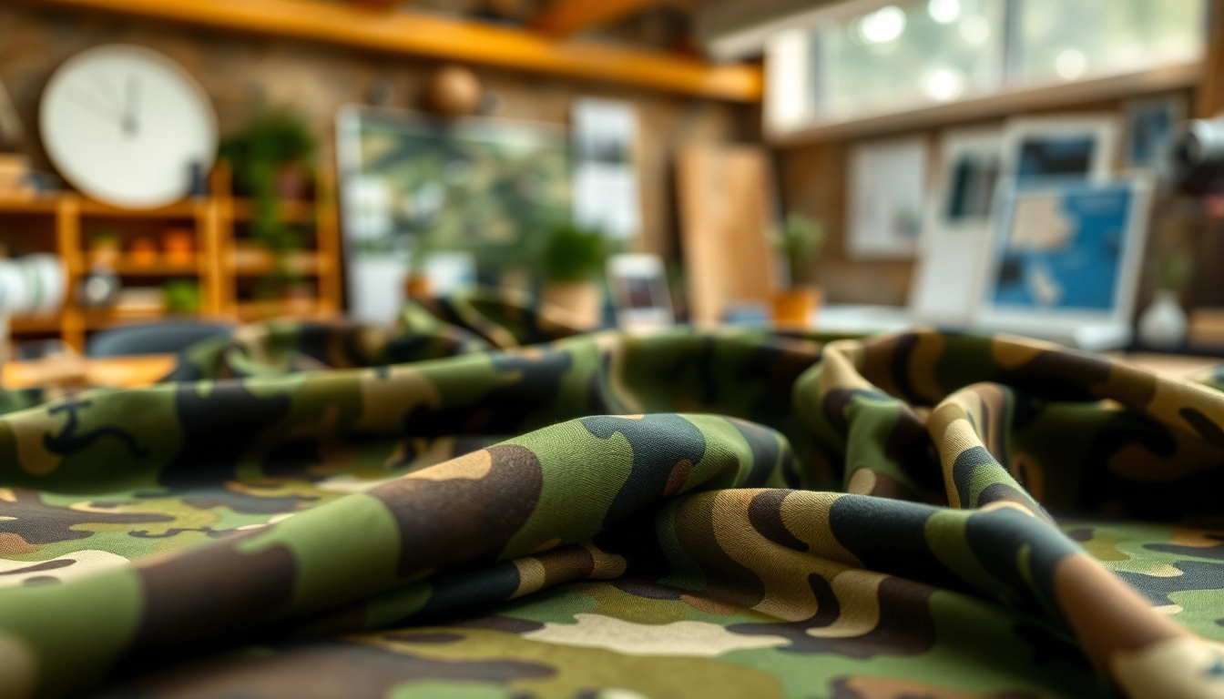 Verken unieke camouflage print stoffen met diverse texturen en kleuren in een creatieve setting.