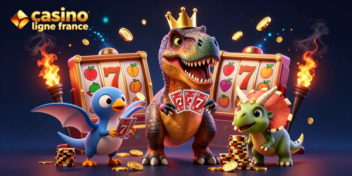 Illustration dynamique de casino en ligne en France avec un T-Rex qui joue aux cartes, des jetons en or et des machines à sous.