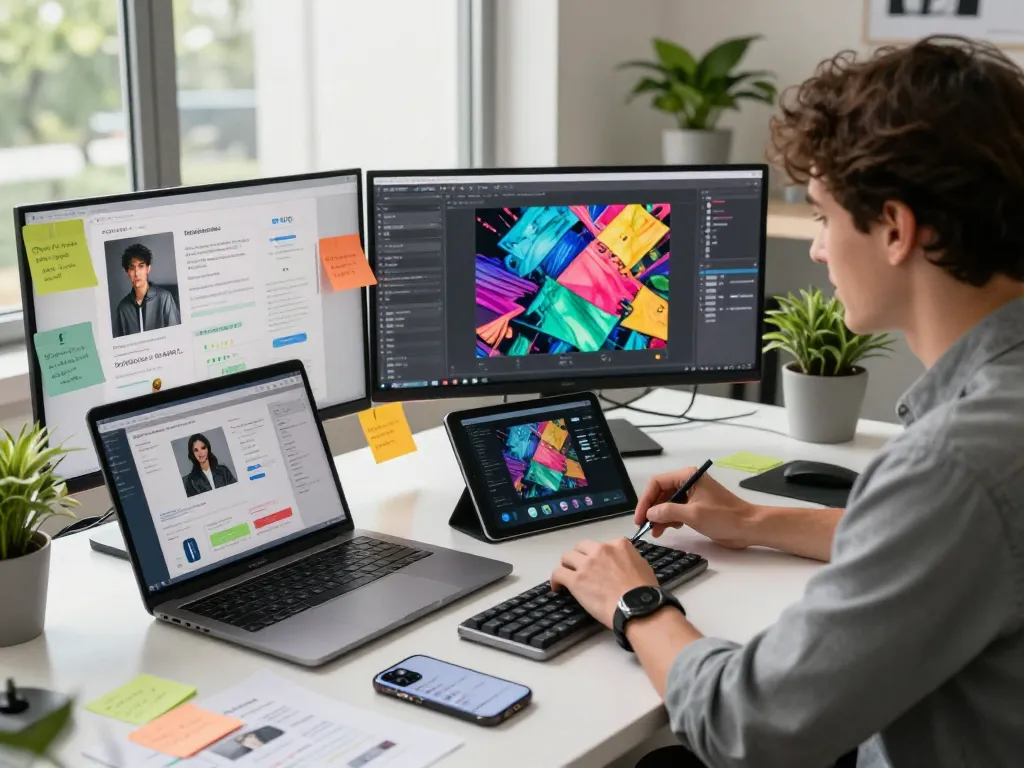 Dynamic tech workspace with image to prompt tool on laptop, inspiring creativity