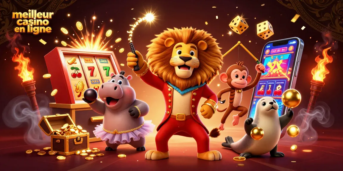 Profitez du meilleur casino en ligne avec cette illustration animée captivante d'un carnaval de jeux.